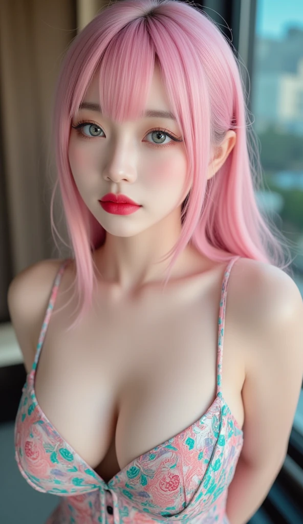 young asian harujuku hentai girl, hyperreal, 16k, ultra-detailed, manga, anime, 3D, Super detailed, Super exquisite, 8k, 1girl, lipstick, red lips, long pink hair, aqua eyes, dress, plunging neckline, makeup, big breasts, cleavage, looking at viewer, arms behind back, ulzzang, portrait, sexy, submissive, ((seductive)), ((heavy blushing)), shy, tease, Sharp focus, ((shiny skin)), ((naughty girl)),
