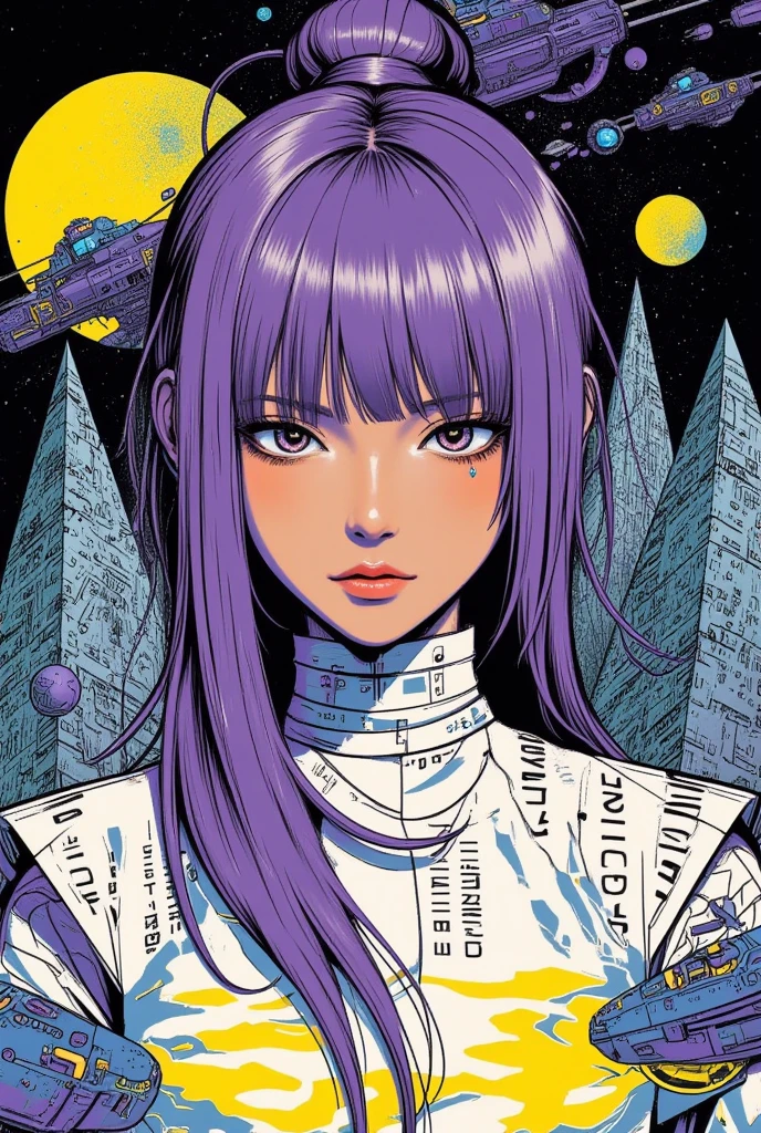 ((best quality)), ((masterpiece)), (detailed), perfect anime waifu girl face, her name is Lovelot, she has long straight purple hair, she wears a white tunic with a series of shapes printed on it that look like code, her skin is brown, her eyes are purple, she's cute but tough, spaceship, strange planet, pyramid shaped mountains, brutalist architecture, surreal, art nouveau, in the illustrative style of moebius, spaceships, fantasy, sci-fi, graphic novel, line drawing, french retro, ((dark purple, light blue, yellow, and black color palette)), 