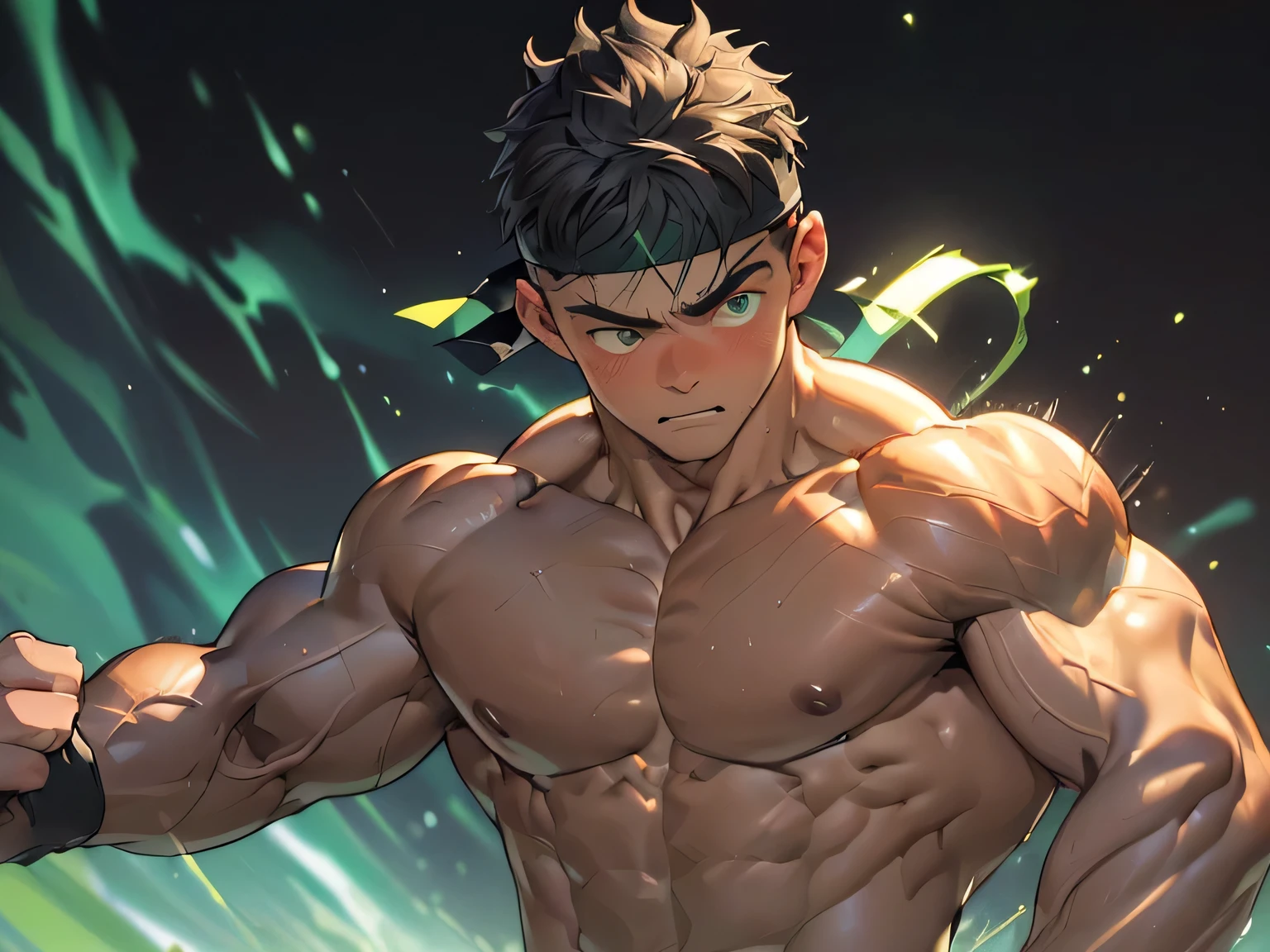 ((masterpiece, best quality, stalwart, (Depth of field:1.2))), (((((black background, deep night, upper body))))), (worm green eyes, Young boy, muscler, Shirtless, topless), ((((1boy, solo, flesh, tough, reliable, developed body)))), (Dark Short straight hair, green eyes, ((almost completely shaved hair)), under cut), (((red headband))), Vivid colors, ((big breast, big abs, big shoulder, muscular body, sturdy body, defined round and fleshy pecs, defined round and fleshy ABS, defined round and fleshy armsmuscular, well-defined muscles, toned body, shouldermuscler)), muscler!, muscler body, detailed face, detailed muscle, (((rippling muscles, Flowing energy, wearing wind to emphasize the power of his aura. Highlight his aura, blue and green aura effect, wearing energy stream, charge aura energy his right arm, Imposing, expressionless, random stance, ((rushpunch:1.2, punching, attack, motion blur)))))