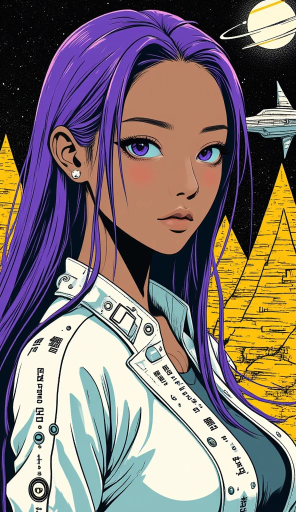 ((best quality)), ((masterpiece)), (detailed), perfect anime waifu girl face, her name is Lovelot, she has long straight purple hair, she wears a white tunic with a series of shapes printed on it that look like code, her skin is brown, her eyes are purple, she's cute but tough, spaceship, strange planet, pyramid shaped mountains, brutalist architecture, surreal, art nouveau, in the illustrative style of moebius, spaceships, fantasy, sci-fi, graphic novel, line drawing, french retro, ((dark purple, light blue, yellow, and black color palette)), 