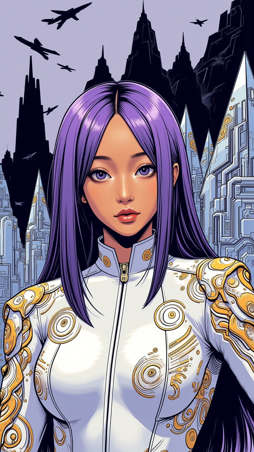 ((best quality)), ((masterpiece)), (detailed), perfect anime waifu girl face, her name is Lovelot, she has long straight purple hair, she wears a white tunic with a series of shapes printed on it that look like code, her skin is brown, her eyes are purple, she's cute but tough, spaceship, strange planet, pyramid shaped mountains, brutalist architecture, surreal, art nouveau, in the illustrative style of moebius, spaceships, fantasy, sci-fi, graphic novel, line drawing, french retro, ((dark purple, light blue, yellow, and black color palette)), 