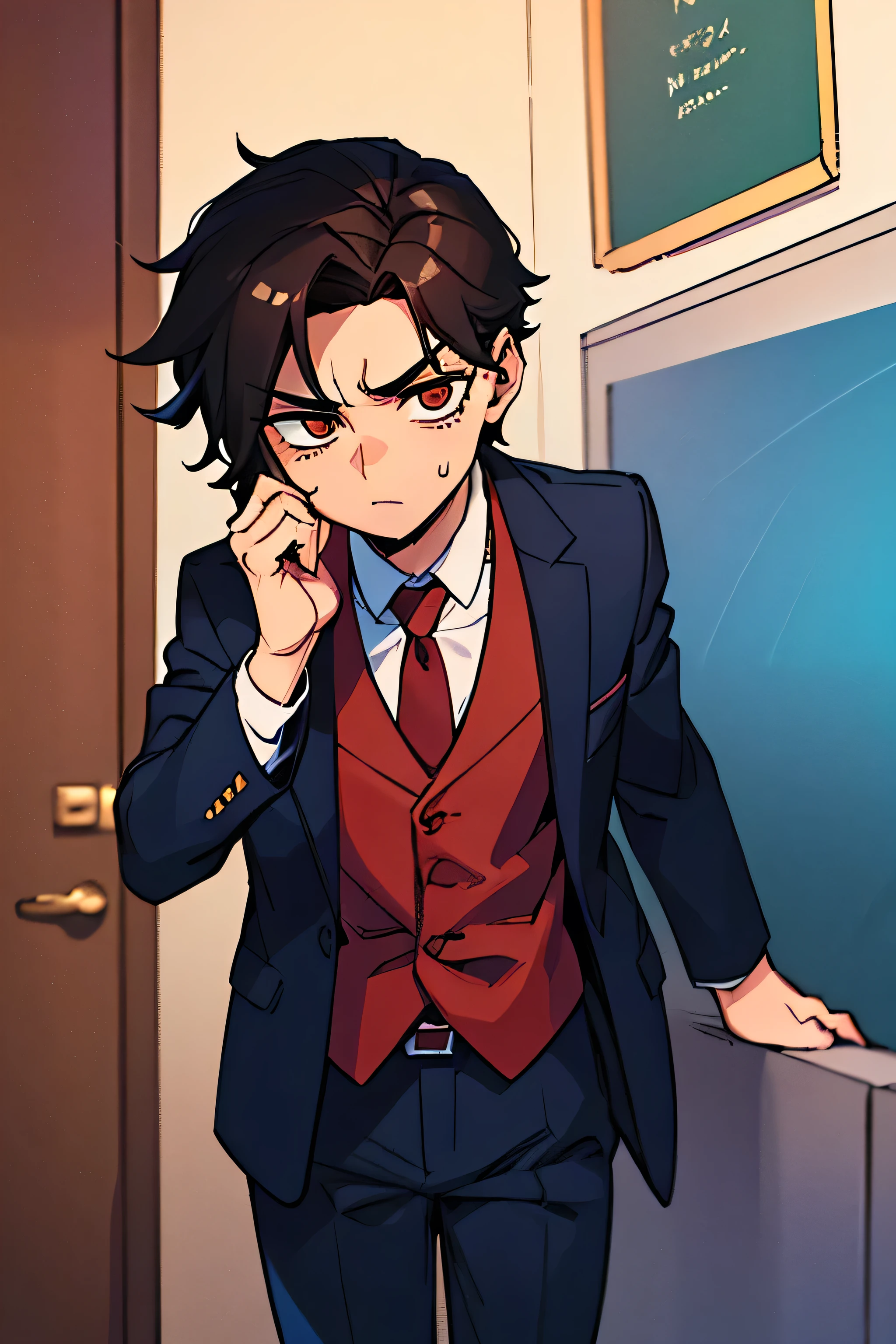 Boy with very short dark wavy hair, brown eyes, wearing a slim black suit, red tie and blue shirt, serious, a little tall, fair skin
