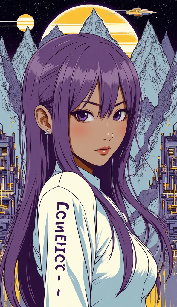 ((best quality)), ((masterpiece)), (detailed), perfect anime waifu girl face, her name is Lovelot, she has long straight purple hair, she wears a white tunic with a series of shapes printed on it that look like code, her skin is brown, her eyes are purple, she's cute but tough, spaceship, strange planet, pyramid shaped mountains, brutalist architecture, surreal, art nouveau, in the illustrative style of moebius, spaceships, fantasy, sci-fi, graphic novel, line drawing, french retro, ((dark purple, light blue, yellow, and black color palette)), 