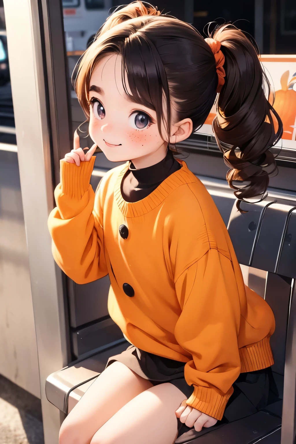 masterpiece， Best Quality ，Cute doodles，Cheerful，Honor student，Young ，baby face， Very short stature， toddler figure ， flat chest，Thin thighs，  curly hair ,   twin tail hair  ，Vibrant, Curious eyes，Freckles，   thick eyebrows， open fly，Waiting for the train in front of a small station， Jojo Fashion ，smile，Red cheeks，A little embarrassing，autumn，autumnの夜空，autumnの紅葉，  Halloween  ，bright，Low Angle，bright色，watercolor，Accurate and detailed female fingers，Petting a cat，