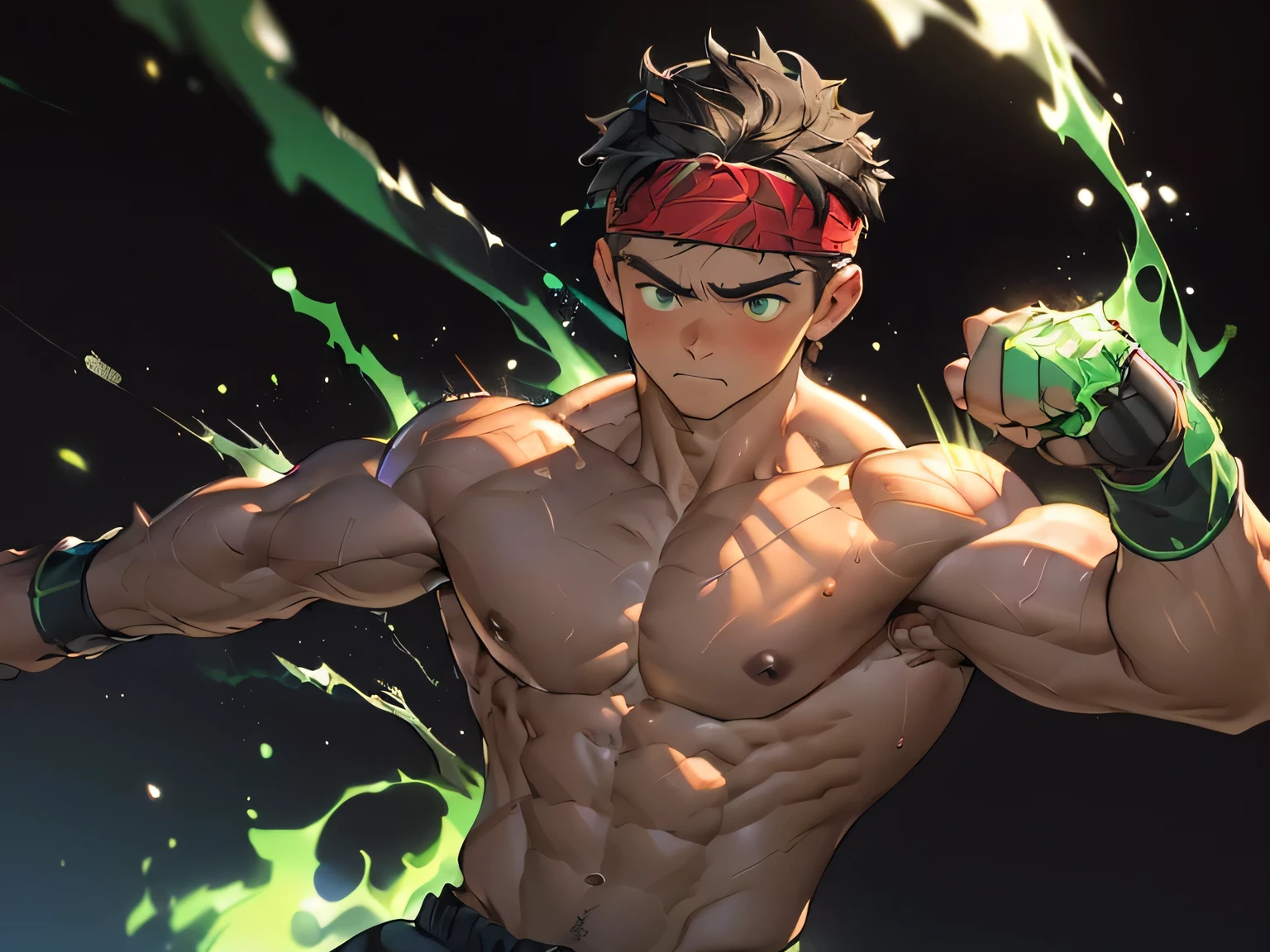 ((masterpiece, best quality, stalwart, (Depth of field:1.2))), (((((black background, deep night, upper body))))), (worm green eyes, Young boy, muscler, Shirtless, topless), ((((1boy, solo, flesh, tough, reliable, developed body)))), (Dark Short straight hair, green eyes, ((almost completely shaved hair)), under cut), (((red headband))), Vivid colors, ((big breast, big abs, big shoulder, muscular body, sturdy body, defined round and fleshy pecs, defined round and fleshy ABS, defined round and fleshy armsmuscular, well-defined muscles, toned body, shouldermuscler)), muscler!, muscler body, detailed face, detailed muscle, (((rippling muscles, Flowing energy, wearing wind to emphasize the power of his aura. Highlight his aura, blue and green aura effect, wearing energy stream, charge aura energy his right arm, Imposing, expressionless, random stance, ((rushpunch:1.2, punching, attack, motion blur)))))