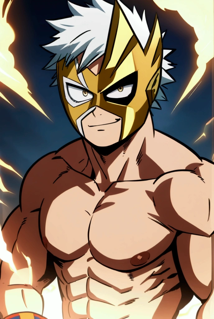 Lucha libre pro hero, metallic golden mask, faceless, muscular, MHA style, anime style, my hero academia, boku no hero academia, pro hero, shirtless, Smirk, 