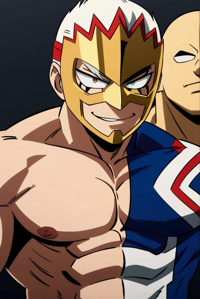 Lucha libre pro hero, metallic golden mask, faceless, muscular, MHA style, anime style, my hero academia, boku no hero academia, pro hero, shirtless, Smirk, 