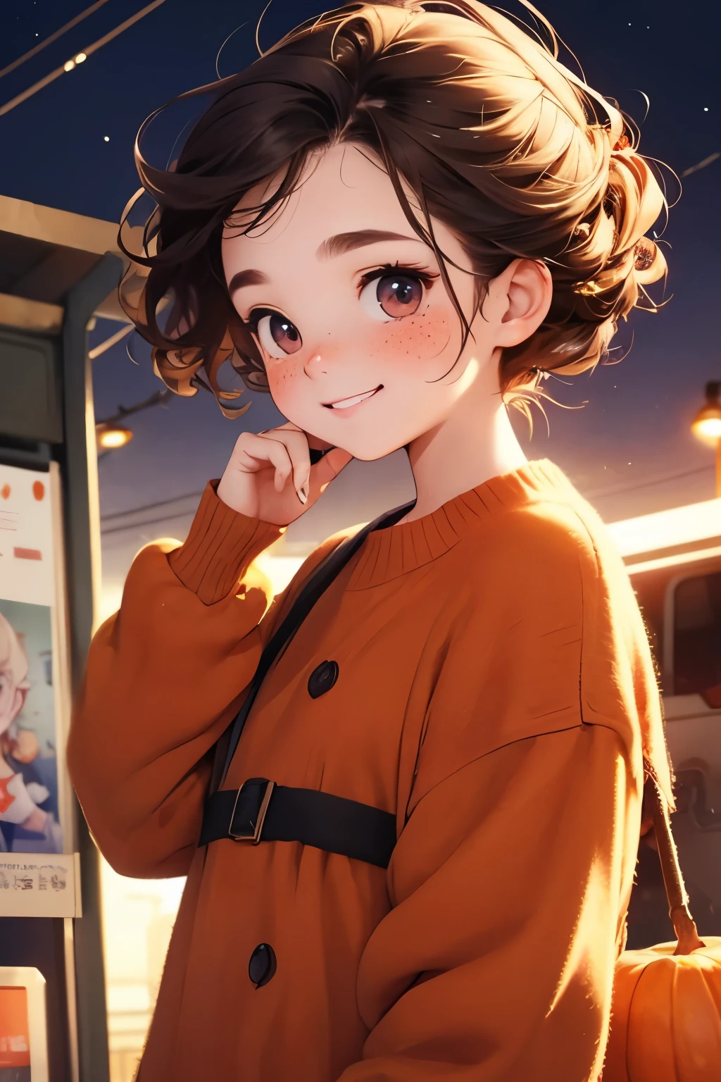 masterpiece， Best Quality ，Cute doodles，Cheerful，Honor student，Young ，baby face， Very short stature， toddler figure ， flat chest，Thin thighs，  curly hair ,  twin tail hair  ，Vibrant, Curious eyes，Freckles，  thick eyebrows， open fly，Waiting for the train in front of a small station， Jojo Fashion ，smile，Red cheeks，A little embarrassing，autumn，autumnの夜空，autumnの紅葉，  Halloween  ，bright，Low Angle，bright色，watercolor，Accurate and detailed female fingers，Petting a cat，