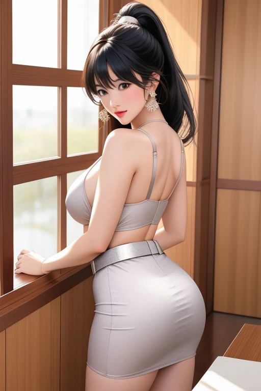 1girl,anime girl, bangs,dynamic angle BREAK (closed mouth),looking at viewer,No pantie,(((Pubic hair))), blurry, blush, bottomless, breasts, closed mouth,( no bra eric nipples), cum, dutch angle, erection, hair between eyes, hair ribbon, hetero, jewelry,neckles, long blcak hair, ponytail, ring, uncensored, veins, small breasts, ((Colossal tits)), The wind is blowing], [Beautiful Woman, The texture is realistic., elegant, dynamic gesture], [เสื้อเชิ้ตแขนshortสีขาว เสื้อบางและมองเห็นผิวSkinได้], [The chest is clearly visible., Huge breasts, Seeing the chest mound., [pencil skirt, Skin, black, short, women belt, Student Belt], [Symmetrical shape, sexy figure, รองเท้าส้นสูงblackสนิท], [earring, Put on a watch, full body photo, Look at every part of the body,panty line,ass,(Standing bent over clinging to the edge of the table),(standing bent over),(Back),