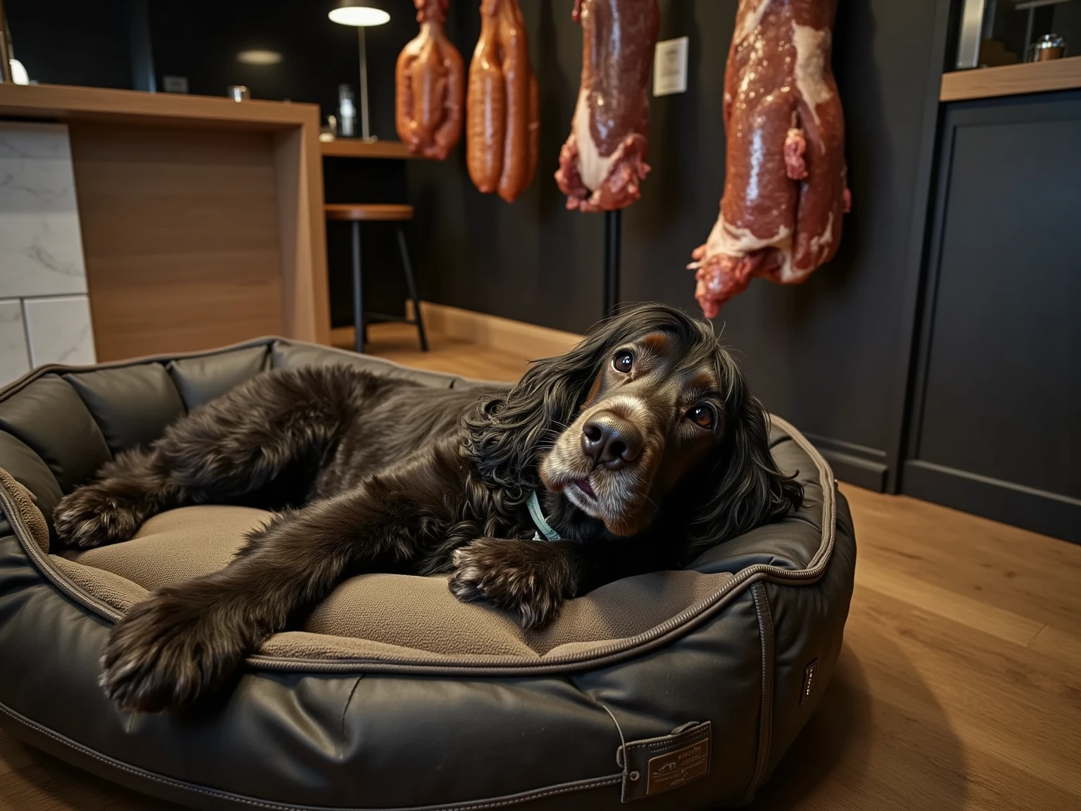 An ultra-photorealistic sleeping dog captured in stunning 8K detail, resting on a premium leather dog bed with visible textile weave and worn leather patches. The dog's fur shows intricate detail with each strand visible, natural subsurface scattering on its nose, and peaceful breathing motion. Above, through a dreamlike atmospheric haze effect, seamlessly transitions into a hyperrealistic high-end butcher shop scene. The shop features premium marble countertops with subtle veining, professionally hung dry-aged meats with authentic marbling and texture, and artisanal sausages displaying natural casings and spice details. The dreaming dog appears in the shop with anatomically accurate facial features, glistening saliva droplets caught in dramatic lighting, and dilated pupils focused on the meat. The scene is lit with cinematic precision: soft key lighting on the sleeping dog creating gentle shadows, while the butcher shop features dramatic contrast with spotlights highlighting the premium cuts. Environmental details include condensation on glass display cases, authentic stainless steel hooks with subtle scratches, traditional white subway tiles with depth and aging, and natural meat colors with their characteristic sheen. Style: HDR photography, cinematic color grading, shallow depth of field, shot on ARRI camera, professional food photography lighting, volumetric atmosphere, ray-traced reflections, and photorealistic materials. Every detail from the dog's whiskers to the meat's texture should appear indistinguishable from reality.