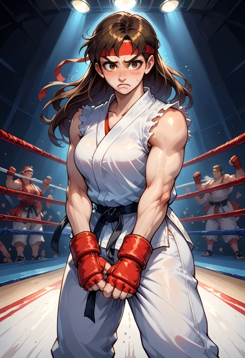 score_9, score_8_up, score_7_up, 1girl, solo,genderswap \(mtf\), medium breasts, skinny, Ryustr33tf1ght, black gair, long hair, brown hair, brown eyes, red headband, white dougie, white pants, sleeveless, black belt, red gloves, fingerless gloves, standing, ((pulling down pants)), pants between thighs, nervous, blushing, looking down, fighting ring, camera flashes