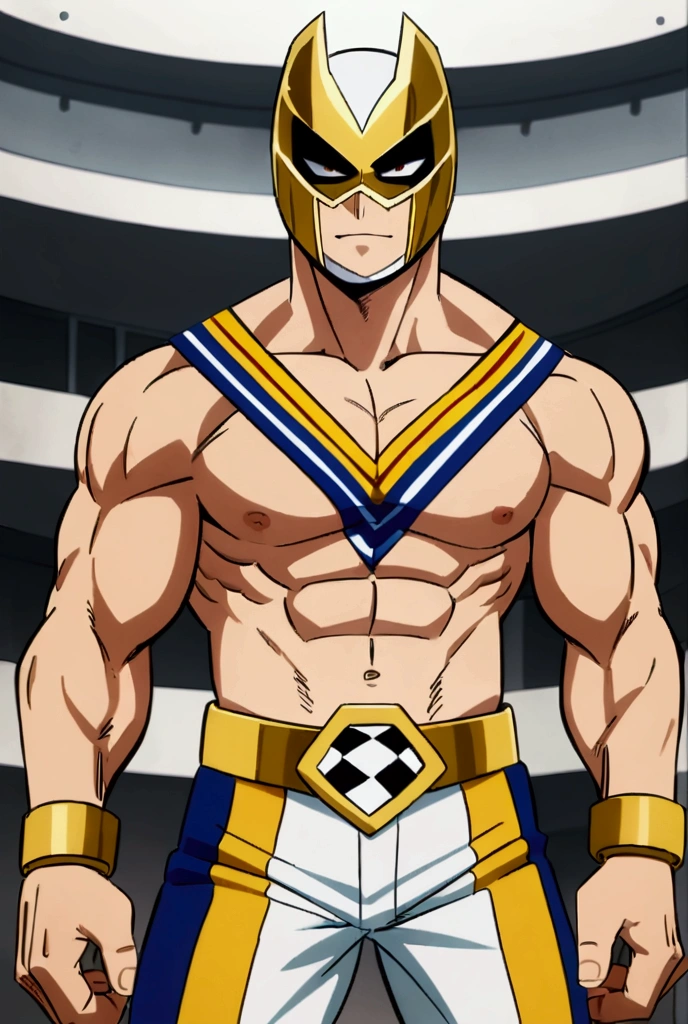 Lucha libre pro hero, metallic golden mask, faceless, muscular, MHA style, anime style, my hero academia, boku no hero academia, pro hero, shirtless, Smirk, 