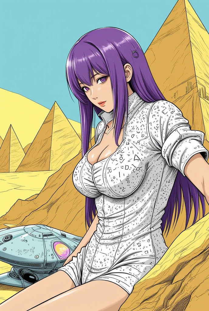 ((best quality)), ((masterpiece)), (detailed), perfect anime waifu girl face, her name is Lovelot, she has long straight purple hair, she wears a white tunic with a series of shapes printed on it that look like code, her skin is brown, her eyes are purple, she's cute but tough, she flies a pod spaceship that is parked next to her, she has just landed on a strange planet with pyramid shaped mountains, strange brutalist style architecture, surreal, art nouveau, in the illustrative style of moebius, spaceships, fantasy, sci-fi, graphic novel, line drawing, french retro, 60s psychedelic, trippy, hippy, ((purple, yellow, and light blue)), big breasts, cleavage, 