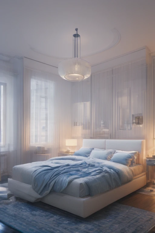 a dreamy apartment, white interior, blue hour, misty, foggy, hazy, wide shot, 80s aesthetic, detailed lighting, soft textures, pastel colors, cinematic atmosphere, photorealistic, 4k, high resolution, masterpiece, icy cold