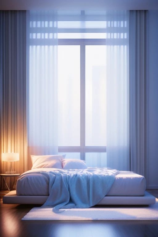 a dreamy apartment, white interior, blue hour, misty, foggy, hazy, wide shot, 80s aesthetic, detailed lighting, soft textures, pastel colors, cinematic atmosphere, photorealistic, 4k, high resolution, masterpiece, icy cold