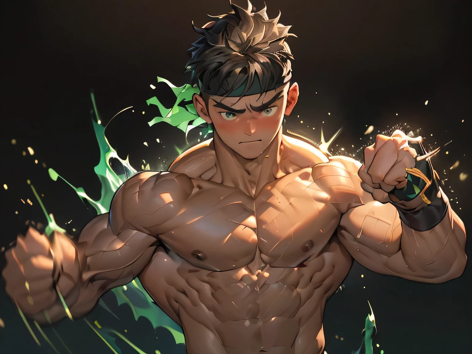 ((masterpiece, best quality, stalwart, (Depth of field:1.2))), (((((black background, deep night, upper body))))), (worm green eyes, Young boy, muscler, Shirtless, topless), ((((1boy, solo, flesh, tough, reliable, developed body)))), (Dark Short straight hair, green eyes, ((almost completely shaved hair)), under cut), (((red headband))), Vivid colors, ((big breast, big abs, big shoulder, muscular body, sturdy body, defined round and fleshy pecs, defined round and fleshy ABS, defined round and fleshy armsmuscular, well-defined muscles, toned body, shouldermuscler)), muscler!, muscler body, detailed face, detailed muscle, (((rippling muscles, Flowing energy, wearing wind to emphasize the power of his aura. Highlight his aura, blue and green aura effect, wearing energy stream, charge aura energy his right arm, Imposing, expressionless, random stance, ((rushpunch:1.2, punching, attack, motion blur)))))