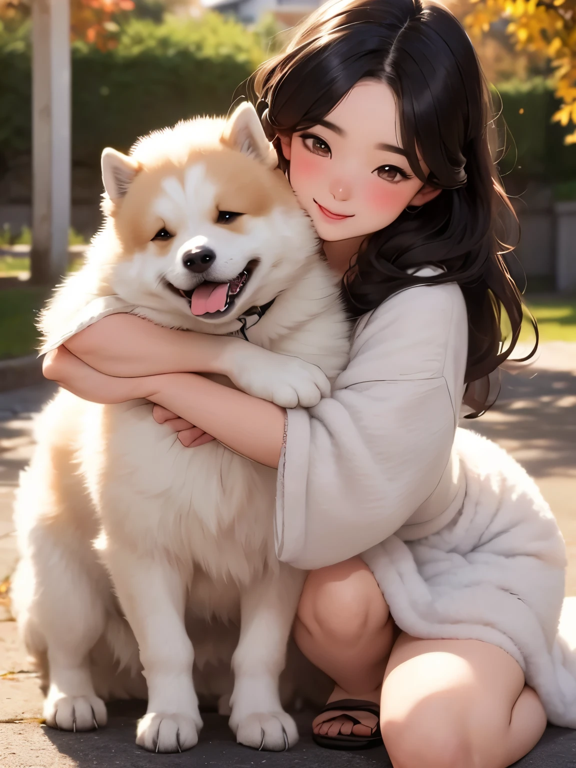 ( Best Quality ,4K,8k, Kampala ,masterpiece:1.2),   very detailed , (Deformed, Realistic, Realistic:1.3)，One ，cute ，Very short，Laugh happily,   Brown Eyes  , Fluffy, Black hair braids，White Dress，，That dog is bigger than the girl  ......，This dog is an Akita....，犬はFluffy， the dog is hugging the girl ，  Akita dog has white panties stuffed in its mouth:1.8，Autumn rural house and garden background，