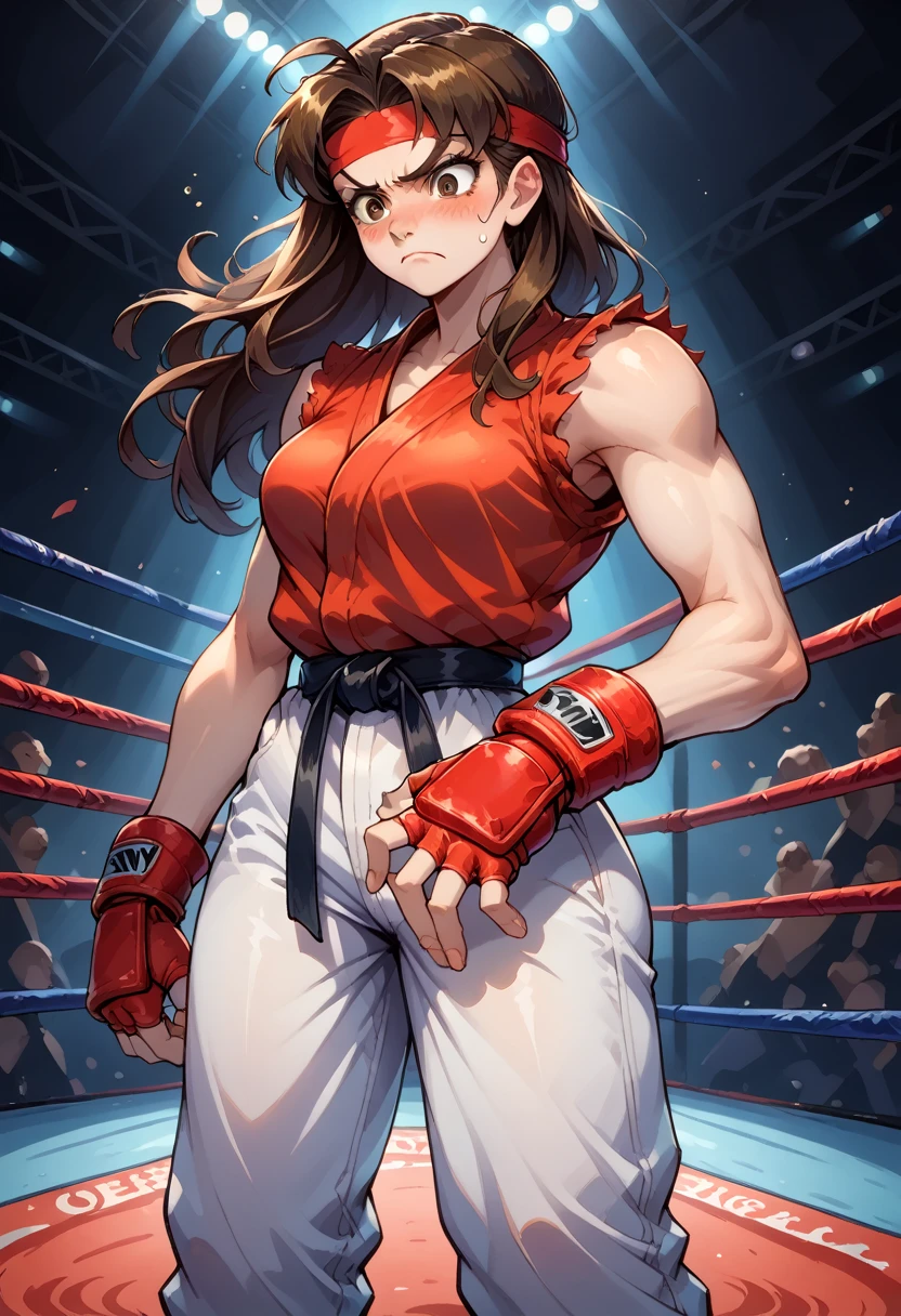 score_9, score_8_up, score_7_up, 1girl, solo,genderswap \(mtf\), medium breasts, skinny, Ryustr33tf1ght, black gair, long hair, brown hair, brown eyes, red headband, white dougie, white pants, sleeveless, black belt, red gloves, fingerless gloves, standing, ((pants down)), pants between thighs, nervous, blushing, looking down, fighting ring, camera flashes