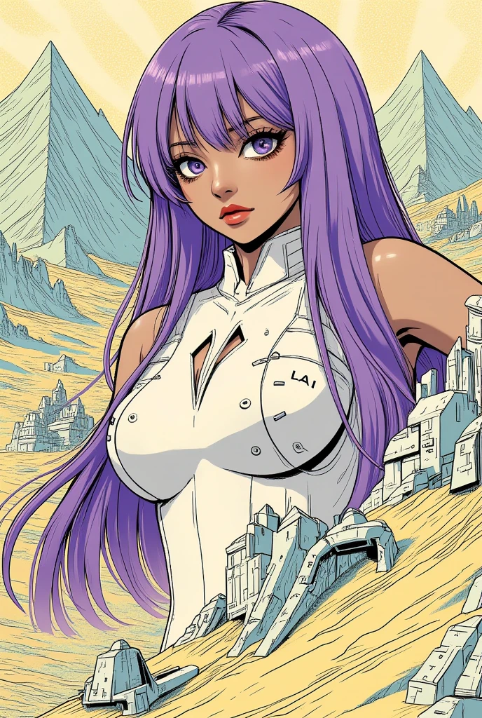 ((best quality)), ((masterpiece)), (detailed), perfect anime waifu girl face, her name is Lovelot, she has long straight purple hair, she wears a white tunic with a series of shapes printed on it that look like code, her skin is brown, her eyes are purple, she's cute but tough, she flies a pod spaceship that is parked next to her, she has just landed on a strange planet with pyramid shaped mountains, strange brutalist style architecture, surreal, art nouveau, in the illustrative style of moebius, spaceships, fantasy, sci-fi, graphic novel, line drawing, french retro, 60s psychedelic, trippy, hippy, ((purple, yellow, and light blue)), big breasts, cleavage, 