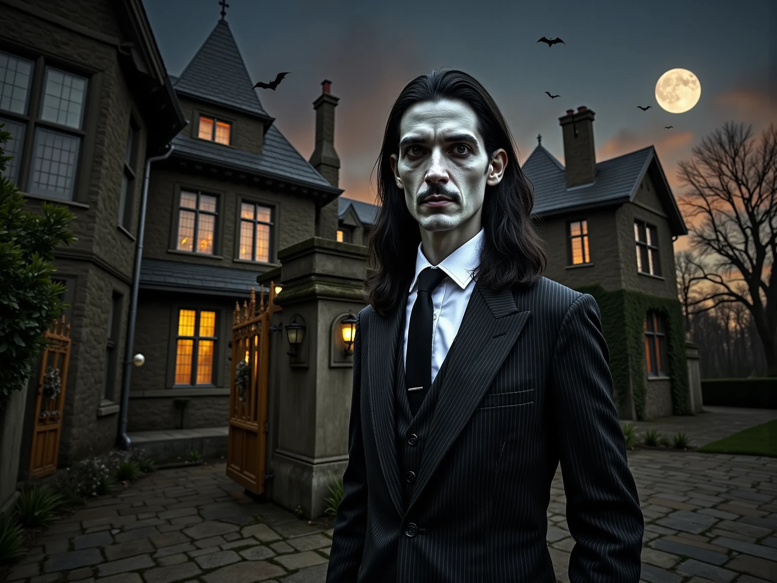 Photorealistic portrait of a tall, slender man dressed as Gomez Addams, wearing a precisely tailored pinstriped three-piece black wool suit with visible fabric texture, crisp thin black silk tie, and polished oxford shoes. His slicked-back black hair shows natural shine and thin pencil mustache, but his face features haunting theatrical makeup: ghostly white foundation with visible veins underneath, deeply sunken black-shadowed eyes with hyperrealistic blood-red contact lenses, subtle crack-like textures painted across his skin suggesting porcelain doll fractures, and lips painted black with a slight gradient to deep purple. Fine prosthetic work creates slightly raised scars near his temples, while subtle latex applications make his cheekbones appear unnaturally sharp. His pale complexion shows intricate detail of pores and a network of dark, spidery veins visible beneath the translucent skin. Behind him stands an imposing Gothic Victorian castle with weathered stone walls, detailed architectural features, and warm light seeping through leaded glass windows. Set against an 8K ultra-detailed night sky with a luminous full moon, volumetric clouds casting moonlight shadows, and anatomically accurate bats in flight. The scene features hyperrealistic dead trees with intricate bark textures, volumetric fog with light diffusion effects, and cinema-quality atmospheric lighting. Include photorealistic details like aged iron gates with rust patches, stone gargoyles with erosion marks, and genuine-looking cobwebs catching moonlight. Style: ultra-high resolution, ray-traced lighting, subsurface scattering on skin, 8K textures, photographic depth of field, shot on Hasselblad, award-winning cinematography, practical effects inspired by Rick Baker's horror makeup work, no AI artifacts.