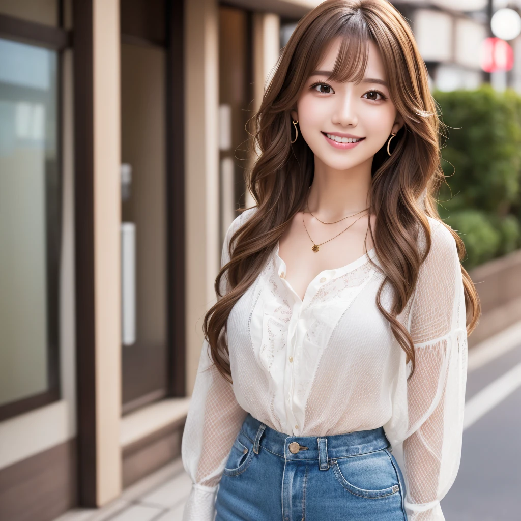  ultra high resolution,  Superior Quality, Best Quality, Advanced Details, Realistic, 8k,  RAW Photos, Best Quality, masterpiece,  attractive girl, Awesome girl, Light brown hair,  Wavy Hair,  long hairstyles ,  mesh hair,  Japanese Idols, Ear Piercing, Necklace around the neck, ( white blouse), smile, ((Full Body:1.2)),