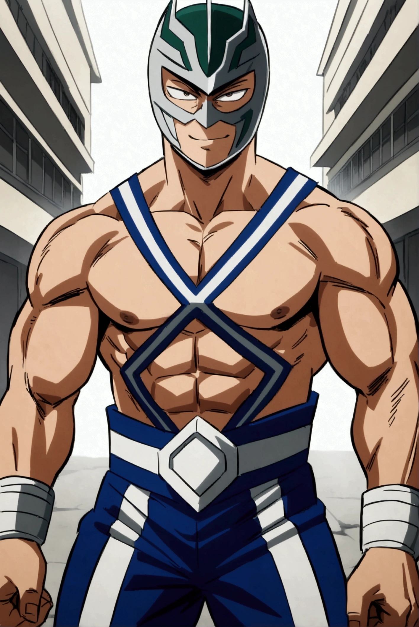 Lucha libre pro hero, metallic silver mask, faceless, muscular, MHA style, anime style, my hero academia, boku no hero academia, pro hero, shirtless, smirk, 