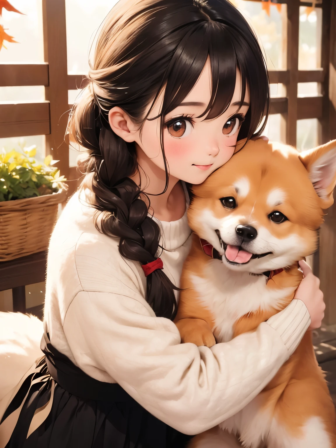 ( Best Quality ,4K,8k, Kampala ,masterpiece:1.2),  very detailed , (Deformed, Realistic, Realistic:1.3)，One ， cute young  in the colors of an autumn festival stall，Very short stature， toddler figure ，Laugh happily,  Brown Eyes  , Fluffy, Black hair braids，White Dress，That dog is bigger than the girl  ......，This dog is an Akita....，犬はFluffy， the dog is hugging the girl ， Akita dogs hold white panties in their mouths:1.8，Autumn rural house and garden background，Autumn leaves，