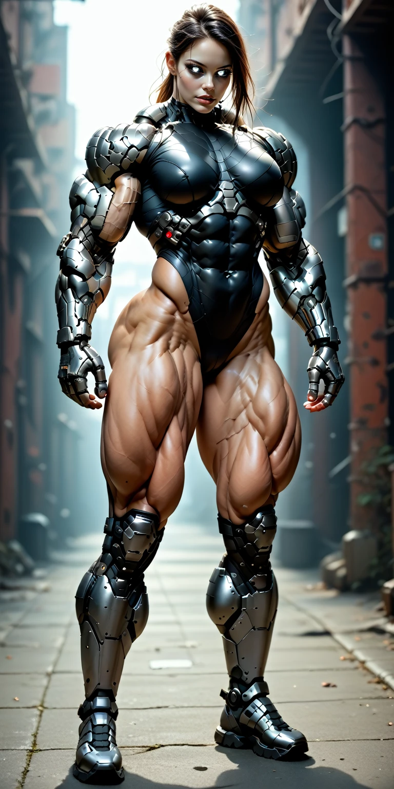 score_9, score_8_up, score_7_up, photo, photorealistic, Gorgeous sexy muscular (skinny) cyborg girl, (white eyes, black sclera:1.5), (full cyborg mechaExosuit:1.45), (black metallic cyborg arms, legs, thighs, & torso:1.75), goth makeup,  sinozick style, (skinny legs:0.75), (full body view:1.45), (veiny muscles, broad shoulders, muscular flat pecs, bodybuilder physique:1.25), (beautiful girl face:1.25)