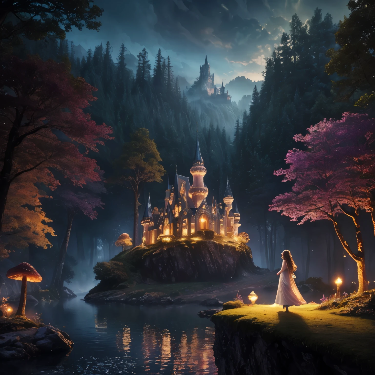 A dreamlike fantasy landscape, a surreal forest with glowing mushrooms, floating islands, and a whimsical castle in the distance, 1girl, detailed face, beautiful eyes, long hair, detailed dress, walking through the mystical scenery, (best quality,4k,8k,highres,masterpiece:1.2),ultra-detailed,(realistic,photorealistic,photo-realistic:1.37),fantasy,surreal,dreamscape,magical,ethereal,glowing,vibrant colors,dramatic lighting