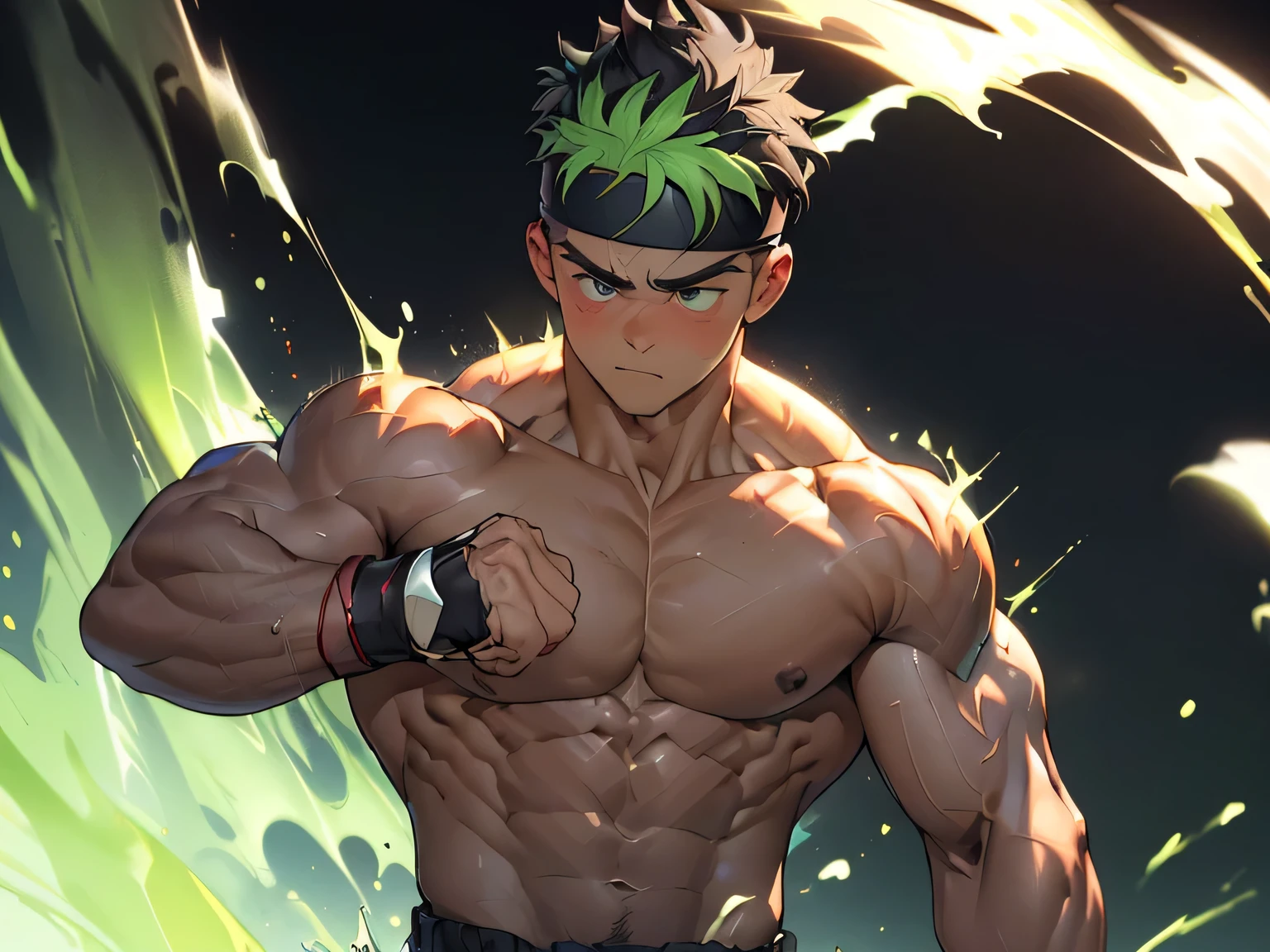 ((masterpiece, best quality, stalwart, (Depth of field:1.2))), (((((black background, deep night, upper body))))), (worm green eyes, Young boy, muscler, Shirtless, topless), ((((1boy, solo, flesh, tough, reliable, developed body)))), (Dark Short straight hair, green eyes, ((almost completely shaved hair)), under cut), (((red headband))), Vivid colors, ((big breast, big abs, big shoulder, muscular body, sturdy body, defined round and fleshy pecs, defined round and fleshy ABS, defined round and fleshy armsmuscular, well-defined muscles, toned body, shouldermuscler)), muscler!, muscler body, detailed face, detailed muscle, (((rippling muscles, Flowing energy, wearing wind to emphasize the power of his aura. Highlight his aura, blue and green aura effect, wearing energy stream, charge aura energy his right arm, Imposing, expressionless, random stance, ((rushpunch:1.2, punching, attack, motion blur)))))