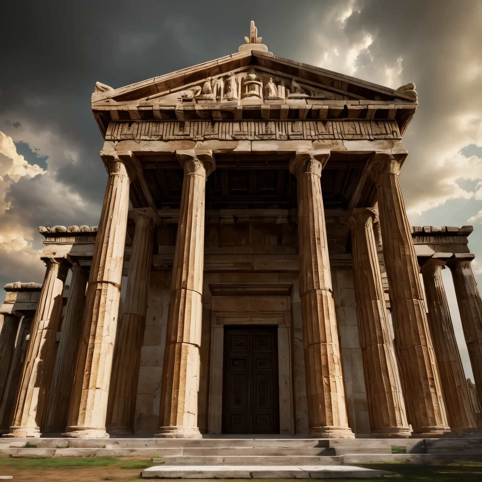 A ancient Greek temple, detailed exterior with intricate architecture, marble columns, bas-relief carvings, grand entrance, overcast sky, dramatic lighting, rich textures, (best quality,8k,highres,masterpiece:1.2),ultra-detailed,(realistic,photorealistic,photo-realistic:1.37),dramatic lighting,cinematic composition,epic scale,highly detailed,ornate details,ancient Greek architecture,dramatic shadows,moody atmosphere,warm tones