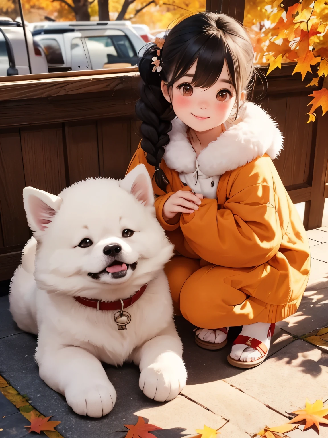 ( Best Quality，8k, Highest quality，masterpiece:1.2),  very detailed , (Deformed, Realistic, Realistic:1.3)，One ， cute young  in the colors of an autumn festival stall，Very short stature， toddler figure ，Laugh happily,  Brown Eyes  , Fluffy, Black hair braids，White Dress，That dog is bigger than the girl  ......，This dog is an Akita....，犬はFluffy， the dog is hugging the girl ， Akita dogs hold white panties in their mouths:1.8，Autumn rural house and garden background，Autumn leaves，