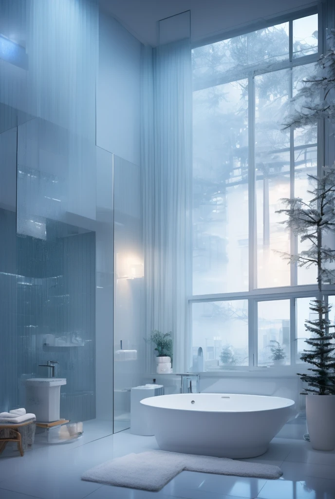 a dreamy apartment, white interior, blue hour, misty, foggy, hazy, wide shot, 80s aesthetic, detailed lighting, soft textures, pastel colors, cinematic atmosphere, photorealistic, 4k, high resolution, masterpiece, icy cold, bathroom, outdoor snowy scenery