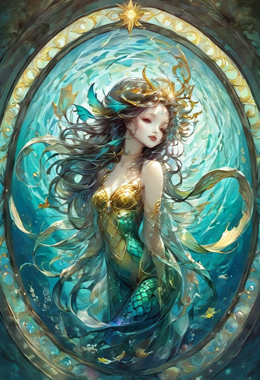 stained glass of mermaid in ocean with ophidian prosthetic tail , drone view , fisheye, minimalistic, style of tarot card & renaissance, dark cyan , golden lines organic flowing:: by luis royo & mohrbacher & matisse ((​masterpiece、top-quality、ultra-definition、hight resolution))、4K picture quality