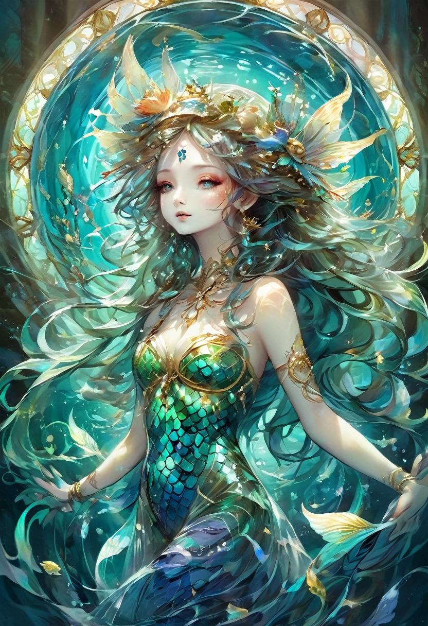 stained glass of mermaid in ocean with ophidian prosthetic tail , drone view , fisheye, minimalistic, style of tarot card & renaissance, dark cyan , golden lines organic flowing:: by luis royo & mohrbacher & matisse ((​masterpiece、top-quality、ultra-definition、hight resolution))、4K picture quality