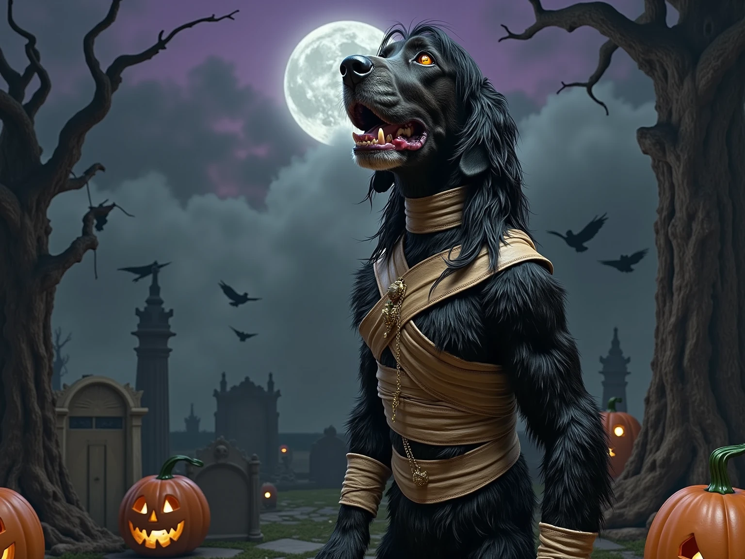 Hyperrealistic portrait of a muscular anthropomorphic dog with a humanoid body, standing upright in a menacing pose. The dog's face shows aggressive features with bared fangs displaying detailed dental anatomy, wrinkled snout, intense predatory eyes with amber glowing pupils, and glistening saliva droplets catching light. Its muscular humanoid body is covered in dense, photorealistic fur visible between the aged bandage wrappings, creating a unique contrast between the natural fur and weathered mummy bandages. The bandages show intricate fabric textures, loose threads, and ancient bloodstains, partially unwrapped to reveal the furry skin underneath. Ancient Egyptian amulets and gold scarab beetles dangle from worn leather straps across its chest. The Halloween scene features a fog-shrouded graveyard with crooked tombstones, massive gnarled pumpkin patches with carved jack-o'-lanterns emitting eerie orange light, twisted dead trees with ravens perched on branches, and scattered bones with ultra-detailed textures. The atmosphere includes swirling autumn leaves, bats in flight, and a giant harvest moon casting silver light through purple-tinted storm clouds. Dynamic lighting combines warm flickering candlelight from jack-o'-lanterns, cold moonbeams, and mysterious green mist tendrils creeping along the ground. Style: 8K resolution, photorealistic fur rendering with subsurface scattering, volumetric fog and lighting, ray-traced shadows, cinematic horror movie color grading, shot on ARRI camera, practical effects makeup, professional creature design, anatomically accurate features, and hyperrealistic material textures. The overall mood should evoke classic Universal monster movies with modern photorealistic detail.