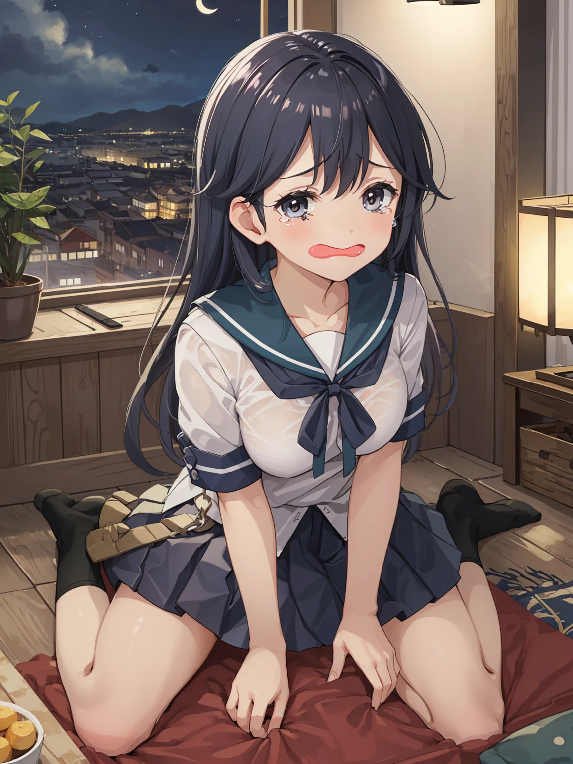 Portrait, official art, best masterpiece, best quality, best resolution, 8K, best detailed, perfect anatomy, From above
BREAK
(sitting), (wariza:1.3), Looking up, breast hold, arm support, 
BREAK
ushioKC, long hair, skirt, black hair, school uniform, ahoge, short sleeves, pleated skirt, serafuku, sailor collar, (large breasts), (12yaer_old, small girl, little_girl, short stature:1.3), solo
BREAK
shy smile, bashful, open mouth, wavy mouth, tears
BREAK
bedroom, indoor, (night, darkness:1.3), very fine and detailed 16KCG wallpapers