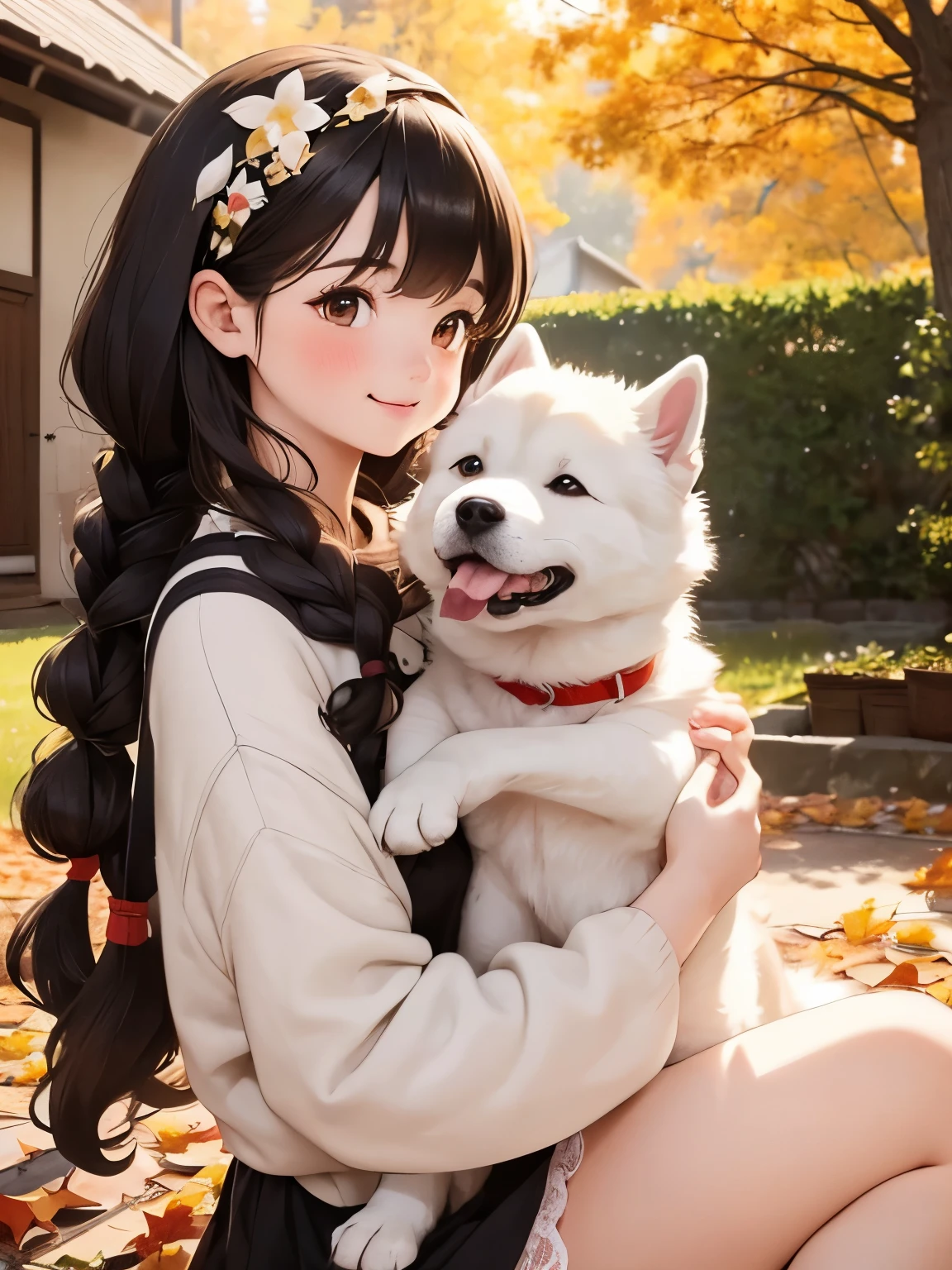 (Best Quality，8k, Highest quality，masterpiece:1.2),  very detailed , (Deformed, Realistic, Realistic:1.3)，One ，cute very young very ，Very short stature， toddler figure ，Laugh happily,  Brown Eyes  , Fluffy, Black hair braids，White Dress，That dog is bigger than the girl  ......，This dog is an Akita....，犬はFluffy， the dog is hugging the girl ， Akita dogs hold white panties in their mouths:1.8，Autumn rural house and garden background，Autumn leaves，