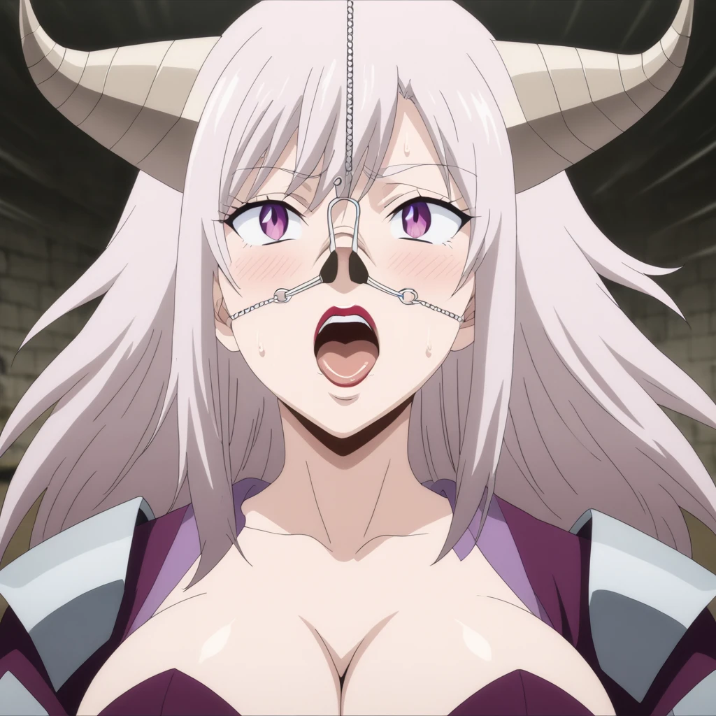 ( high quality,  very detailed, 最 high quality,  very detailed, beautiful, masterpiece),throw,Squat in front of you,One mature woman,Julia Bloodstone,Bimbo body,(Big devil horns,Demon Armor),A cleavage bigger than a face,More details on the face,Thick red lips,Swollen lips,ahegao,Pregnant women,The background is the city,(Murakami Teruaki Style),Super huge、Super huge、Super exaggerated、Super large、 over covered ,  Hidden Breast Erection ,Sing,(Perfect Eyes),Pink eyes,The composition in front of me,(Nose hook Anime style:1.5)