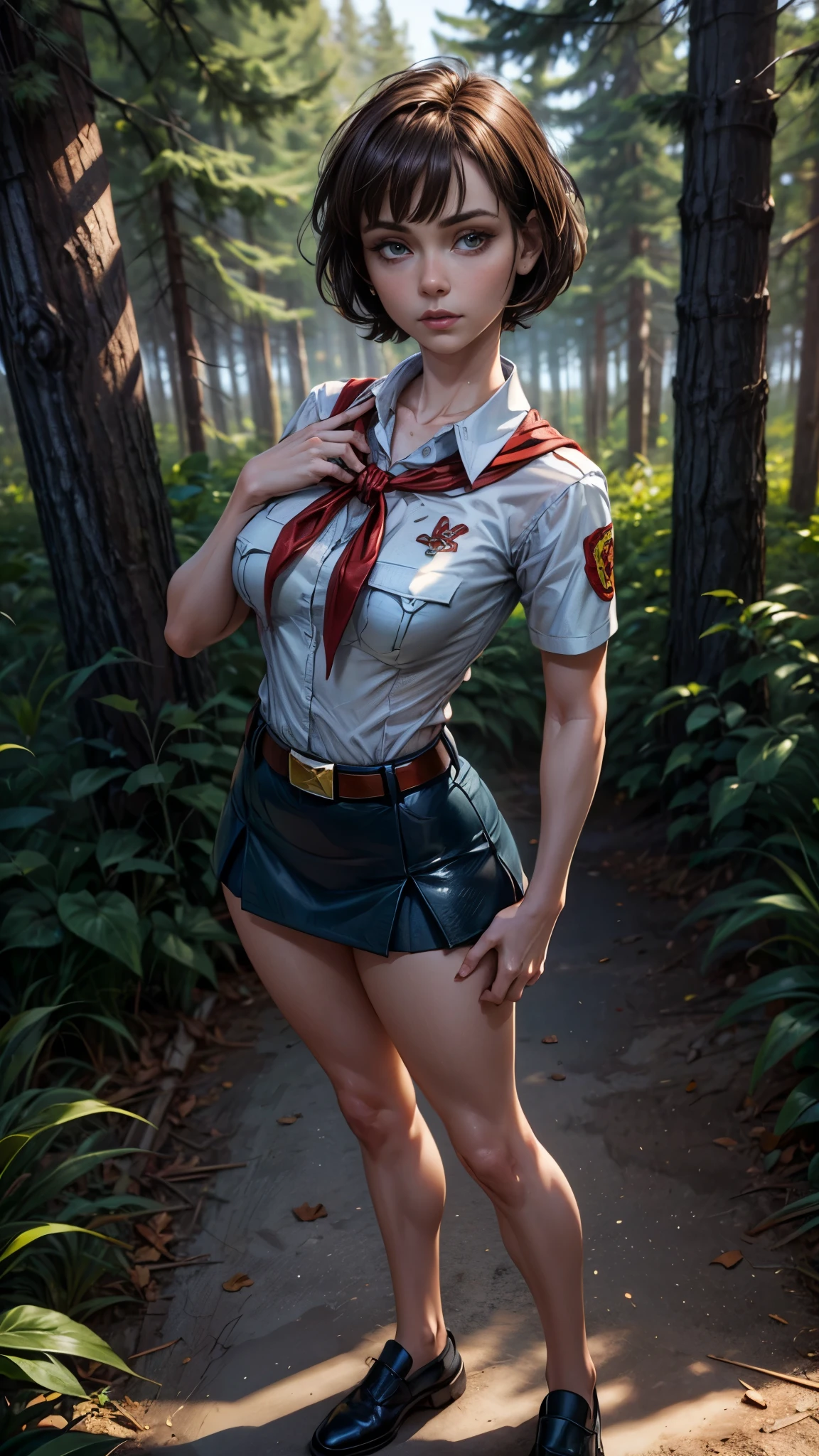 detailed eyes, (full body shot:1.2), 8k, (skinny body:1.2), curvy, (hands behind her back:1.2), seductive pose, looking at viewer, (very short hair:1.3), short disheveled hair, pioneer neckerchief, micro blue tight skirt, bangs, shirt, collarbone, very tight white shirt, short sleeves, collared shirt, belt, eyelashes, red neckerchief, breast pocket, realistic eyes, better face, summer morning forest, christinaricci-ti