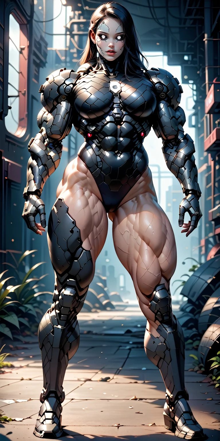 score_9, score_8_up, score_7_up, photo, photorealistic, Gorgeous sexy muscular (skinny) cyborg girl, (white eyes, black sclera:1.5), (full cyborg mechaExosuit:1.45), (black metallic cyborg arms, legs, thighs, & torso:1.75), goth makeup,  sinozick style, (skinny legs:0.75), (full body view:1.45), (veiny muscles, broad shoulders, muscular flat pecs, bodybuilder physique:1.25), (beautiful girl face:1.25)