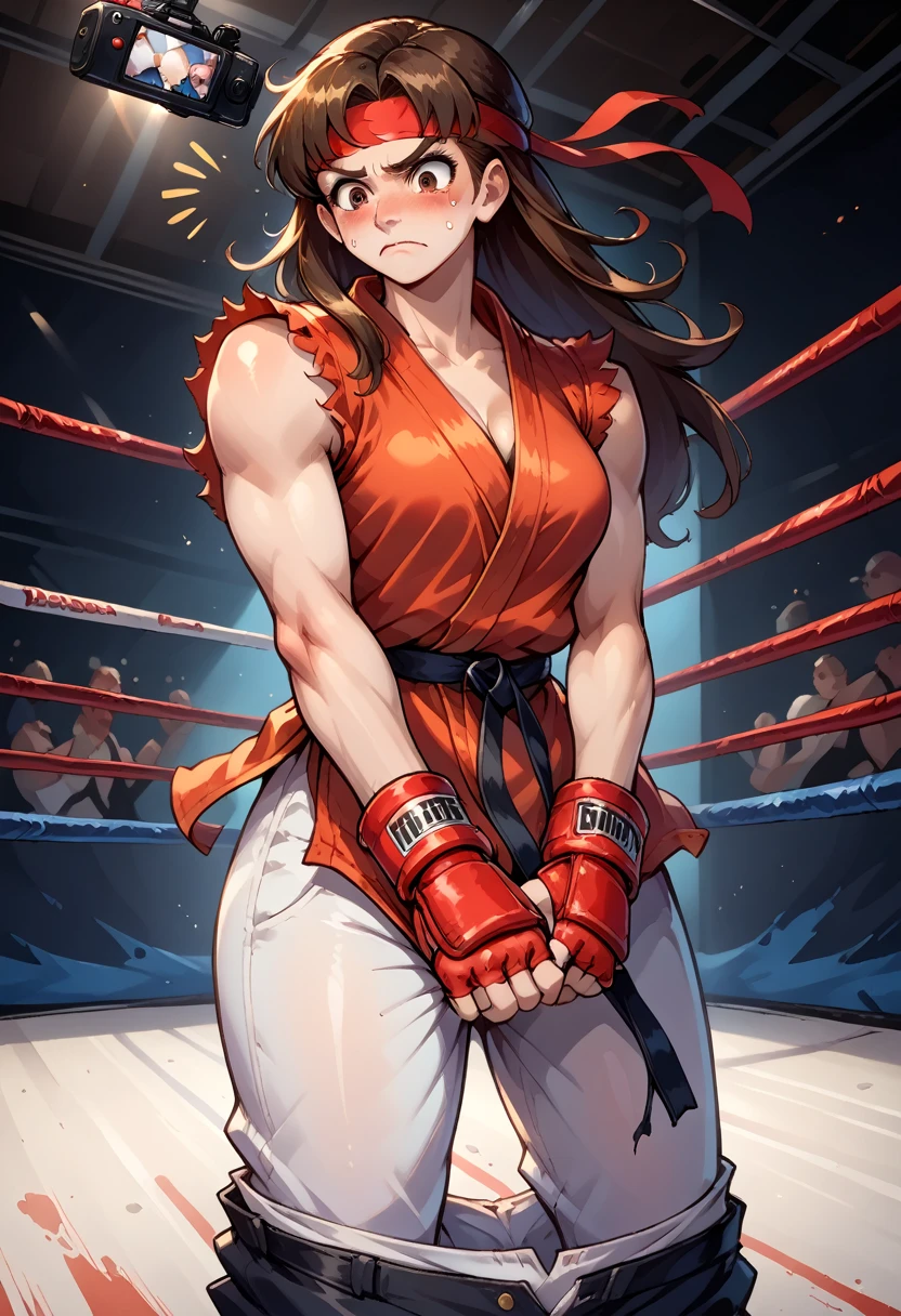 score_9, score_8_up, score_7_up, 1girl, solo,genderswap \(mtf\), medium breasts, skinny, Ryustr33tf1ght, black gair, long hair, brown hair, brown eyes, red headband, white dougie, sleeveless, black belt, red gloves, fingerless gloves, white pants, bottomless, standing, (pants down:1.5), pants between thighs, nervous, blushing, looking down, fighting ring, camera flashes