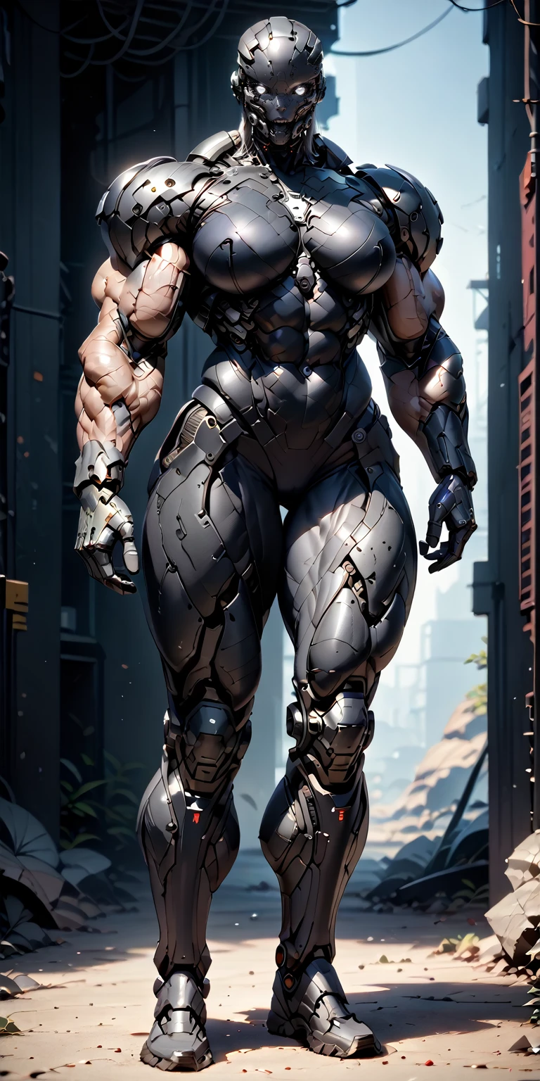 score_9, score_8_up, score_7_up, photo, photorealistic, Gorgeous sexy muscular (skinny) cyborg girl, (white eyes, black sclera:1.5), (full cyborg mechaExosuit:1.45), (black metallic cyborg arms, legs, thighs, & torso:1.75), goth makeup,  sinozick style, (skinny legs:-0.75), (full body view:1.45), (flat chest, bodybuilder physique:1.45), (cable extensions on head instead of hair:1.45), (beautiful girl face:1.25)