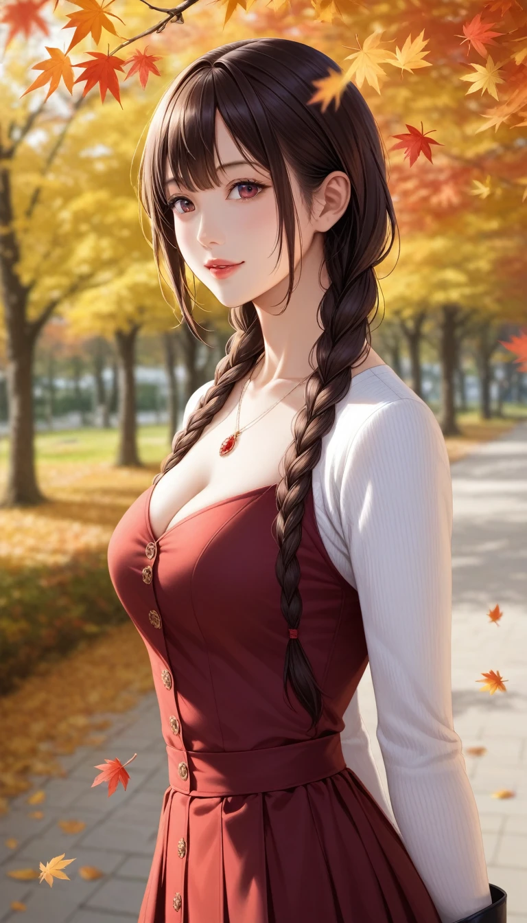  8k resolution,  ultra-high definition CG image , Autumn leaves at night🍁, moonlight, Long focus,  one girl, 20 years old,   details, (Bangs braids, bronze:1.4), (Hold back hair:1.4), (Autumn Coordination),  miniskirt in length,  long boots for stepping on bread, , Pointed Chest, Beautiful bust line, pendant,  detailed beautiful eyes, Bright red autumn leaves , Maple Tunnel,  depth of field , Absurd, 24K Graphic Arts, Carefully drawn background, A composition with depth,