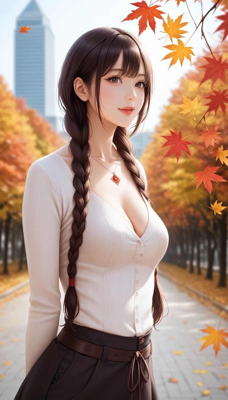  8k resolution,  ultra-high definition CG image , Autumn leaves at night🍁, moonlight, Long focus,  one girl, 20 years old,   details, (Bangs braids, bronze:1.4), (Hold back hair:1.4), (Autumn Coordination),  miniskirt in length,  long boots for stepping on bread, , Pointed Chest, Beautiful bust line, pendant,  detailed beautiful eyes, Bright red autumn leaves , Maple Tunnel,  depth of field , Absurd, 24K Graphic Arts, Carefully drawn background, A composition with depth,