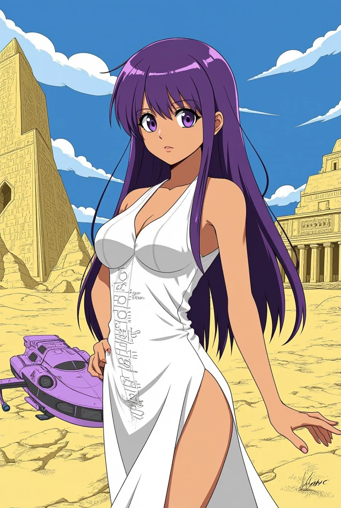 ((best quality)), ((masterpiece)), (detailed), perfect anime waifu girl face, her name is Lovelot, heroic stance, she has long straight purple hair, windblown hari, she wears a white tunic with a series of shapes printed on it that look like code, her skin is brown, her eyes are purple, she's cute but tough, she flies a pod spaceship that is parked next to her, she has just landed on a strange planet with pyramid shaped mountains, strange brutalist style architecture, surreal, art nouveau, in the illustrative style of moebius, spaceships, fantasy, sci-fi, graphic novel, line drawing, french retro, 60s psychedelic, trippy, hippy, ((purple, yellow, and light blue)), ((huge breasts)), cleavage