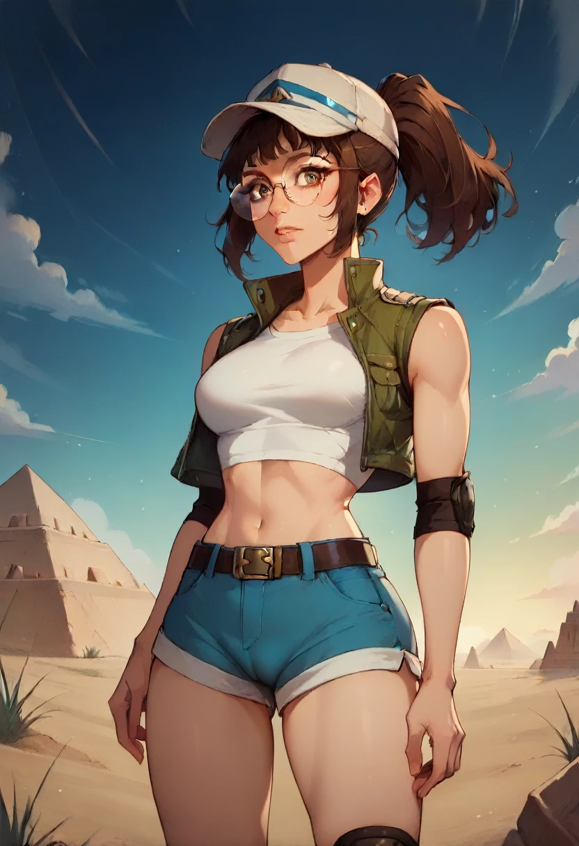 score_9, score_8_up, score_7_up, 1girl, adult, fio germi, (ultra HD quality details), ((brown hair, glasses, medium hair, ponytail, brown eyes, medium breast)), (cinematic lighting:1.2), (dusk:1.2), cameltoe view,crop top, hat, jacket, knee pads, shorts, sleeveless, navel, belt, desert, pyramids, sphinx