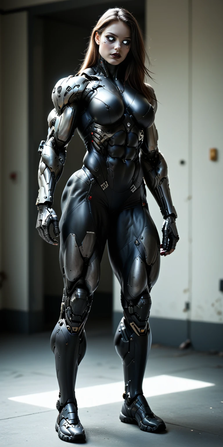 score_9, score_8_up, score_7_up, photo, photorealistic, Gorgeous sexy muscular (skinny) cyborg girl, (white eyes, black sclera:1.5), (full cyborg mechaExosuit:1.45), (black metallic cyborg arms, legs, thighs, & torso:1.75), goth makeup,  sinozick style, (skinny legs:0.75), (full body view:1.45), (veiny muscles, broad shoulders, muscular flat pecs, bodybuilder physique:1.25), (beautiful girl face:1.25)