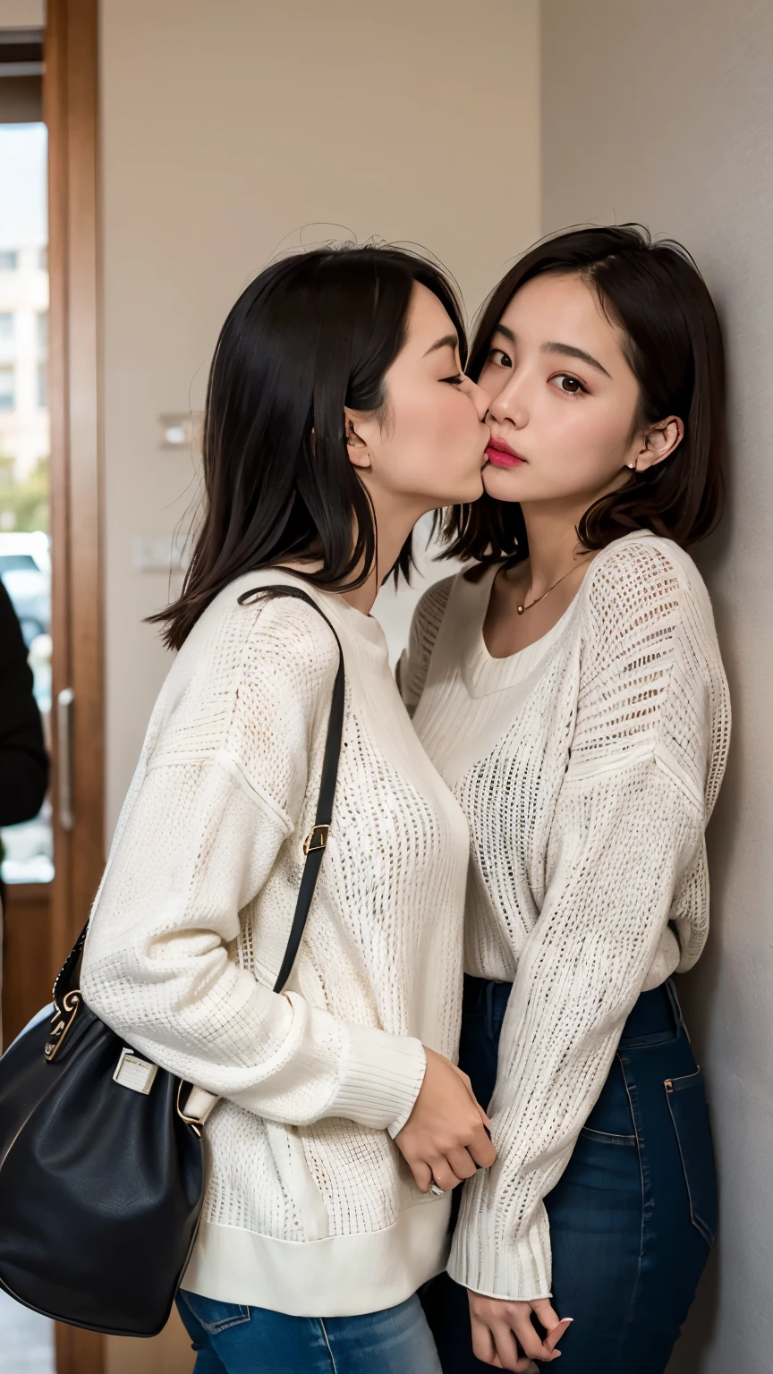 ((Trying to kiss:1.4)), Two beautiful girls in argyle sweaters、Shorts、15-year-old student、Black-haired、Short Bob、Straight long hair、Hair Bun、living room、Relaxed atmosphere、Wool tights、