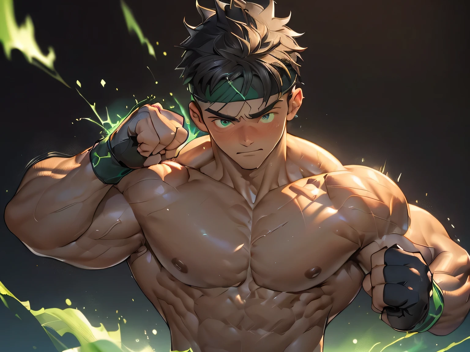 ((masterpiece, best quality, stalwart, (Depth of field:1.2))), (((((black background, deep night, upper body))))), (worm green eyes, Young boy, muscler, Shirtless, topless), ((((1boy, solo, flesh, tough, reliable, developed body)))), (Dark Short straight hair, green eyes, ((almost completely shaved hair)), under cut), (((red headband))), Vivid colors, ((big breast, big abs, big shoulder, muscular body, sturdy body, defined round and fleshy pecs, defined round and fleshy ABS, defined round and fleshy armsmuscular, well-defined muscles, toned body, shouldermuscler)), muscler!, muscler body, detailed face, detailed muscle, (((rippling muscles, Flowing energy, wearing wind to emphasize the power of his aura. Highlight his aura, blue and green aura effect, wearing energy stream, charge aura energy his arms, Imposing, expressionless, random stance, ((rushpunch:1.2, punching, attack, motion blur)))))